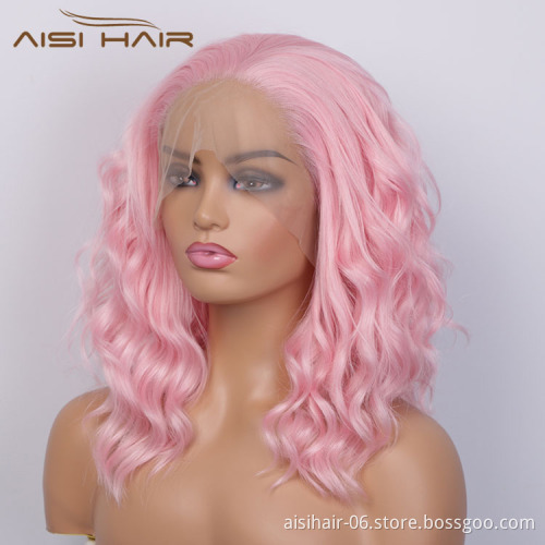 Aisi Hair Medium Long Wavy Pink Synthetic Wig Cosplay Body Wave Swiss Lace Wig Synthetic Lace Front Hair Wigs For Black Women